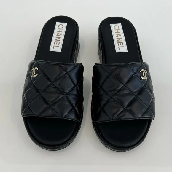 Mules Chanel Black Slides CHANEL 23A Black Quilted CC Gold